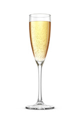 Champagne in a flute wineglass isolated. 3D rendering illustration. Transparent PNG image.