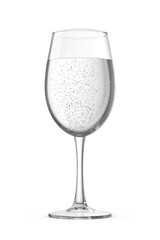 Clear glass with a long stem filled with a carbonated water isolated. 3D rendering illustration. Transparent PNG image.