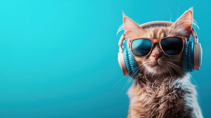 A stylish cat wearing headphones and sunglasses poses against a bright background, exuding a fun and playful vibe, capturing attention with its charming personality.