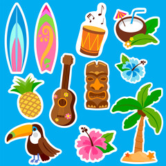Hawaiian beach summer sticker set for kids. Island vacations sticker sheet set. Luau party with music and drinks, fun surfing objects. Cute sticker sheet, planner and scrapbook. Vector illustration