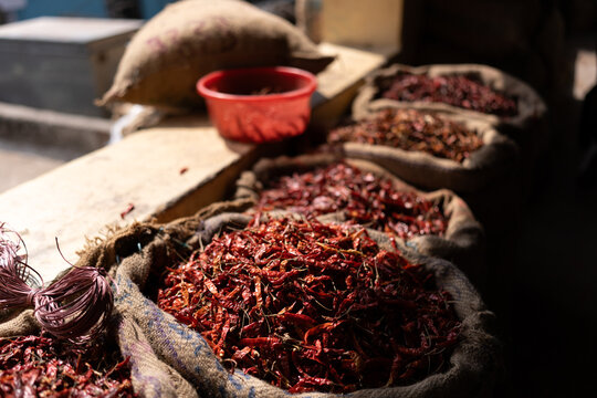 Sun-Dried Red Chilies in Jute Sacks at Khari Baoli Spice Market, Old Delhi, India