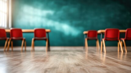 An empty classroom featuring red chairs and a deep green wall, creating a modern educational environment that invites creativity and learning in a peaceful setup.