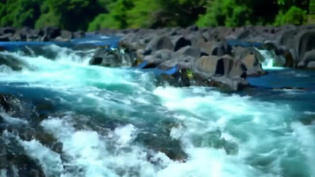 Scenic Cascade River With Whitewater Flowing Over Rocks And Verdant Coastline