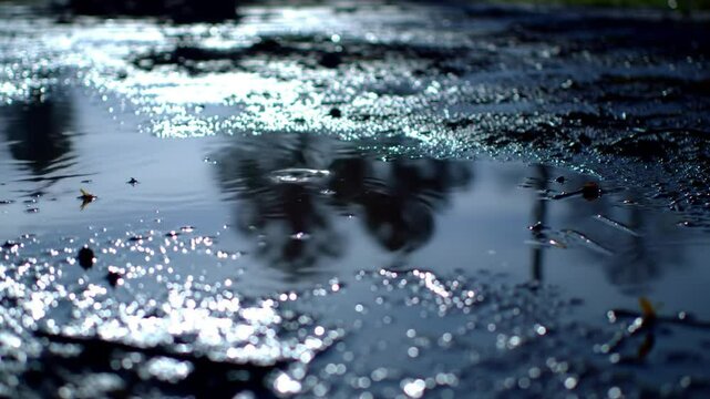 Reflections In Puddle On Ground After Rain With Ripples Movement