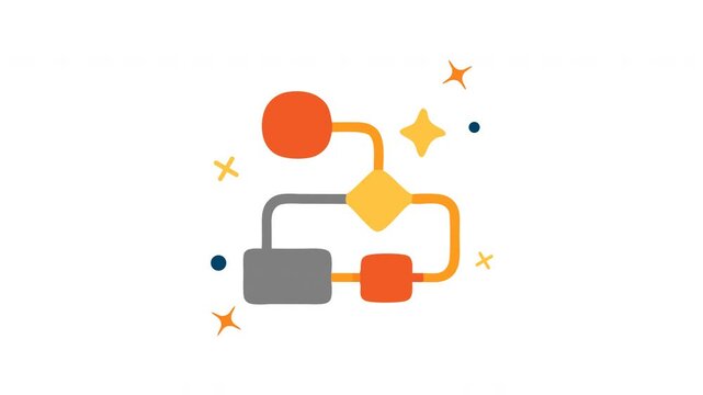 A flowchart with orange yellow and gray shapes connected by curved lines surrounded by sparkles looping animation