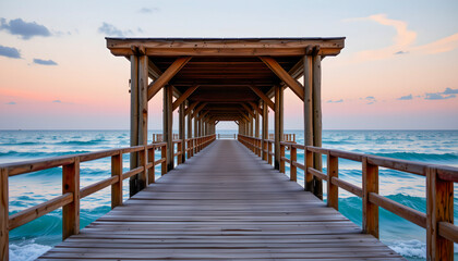 Serene Wooden Pier Extending Over Calm Ocean Waters