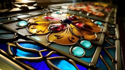 Art nouveau stained glass panel with floral design features colorful glass gems and lead framework, capturing the sunlight, indoors. - Powered by Adobe