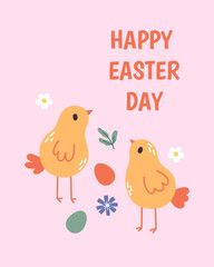 Vertical Easter greeting card with eggs and adorable yellow chicks. Happy Easter holiday concept. Hand drawn vector illustration for invitations, social media posts and printable templates.