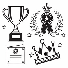 Set of winning award and prize icons, trophy reward, victory trophy signs depicting an award, victory cup achievement, winner medal - stock vector