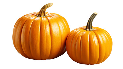 Ripe orange pumpkins, autumn harvest still life, Thanksgiving decor, fall gourds, seasonal nature display, isolated on transparent background.