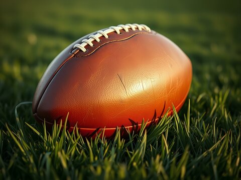 Close-up of a vintage-style leather American football resting on lush green grass during sunset, highlighting texture and warm lighting