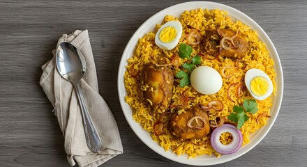 Overhead view of a colorful plate of biryani, with fragrant rice and pieces of meat or vegetables, positioned at the top right third.