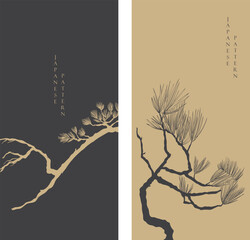 Black and gold bonsai tree or pine tree elements. Japanese background with Asian traditional icon vector. Natural art with brown background in vintage style.