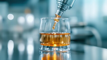 A close-up image showcasing a precision dropper pouring a golden liquid into a clear glass, highlighting the chemical interaction and enhancing visual focus on fluid dynamics.