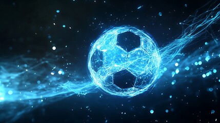 Obraz premium Luminous blue soccer ball hurtles with energy trails across the dark background tonight