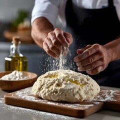 Fototapeta premium Hands sprinkling flour over dough on wooden board