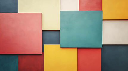 Abstract painting of overlapping squares in bold contrasting colors