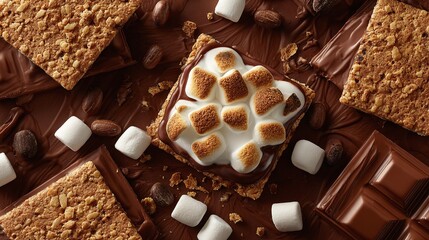 Decadent s'mores treat with graham crackers, melted chocolate, and toasted marshmallows, nestled among chocolate bars, mini marshmallows and nuts.