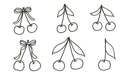 Cherry with ribbons crayon drawn set. Coquette berries with bows and leaves doodle isolated on white background. Fruits grunge line textured elements. Vector kid naive illustration by pencil.