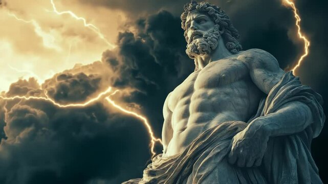 Zeus Statue amidst Thunderstorm, Classical God Figure with Lightning, Mythical and Historical