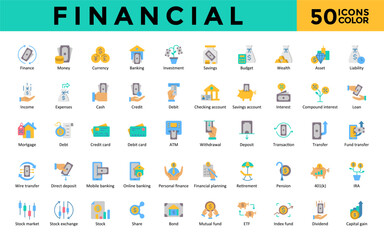 Financial icons set with finance, money, currency, banking, investment, savings, budget, wealth, asset, liability icon. Simple flat color vector 
