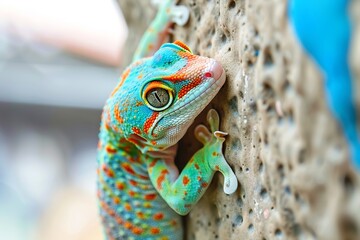 Colorful Gecko Climbing on Tree Bark
