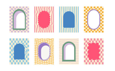 Retro funky arch and geometric frames with groovy checkerboard background. Set of fun vintage colors borders with scallop edges. Text boxes and callout templates for invitation. Vector illustration.