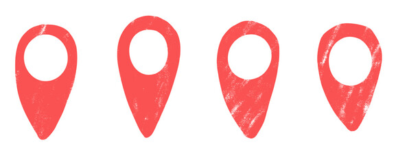 Location map pin red crayon drawn set. Road pointer hand drawn grunge textured doodle isolated on white background. Travel destination elements. Vector navigation geo position illustration by pencil.
