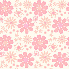 Seamless floral pattern of pink daisy blooms on soft beige background, design for textile print, wallpaper, vector background
