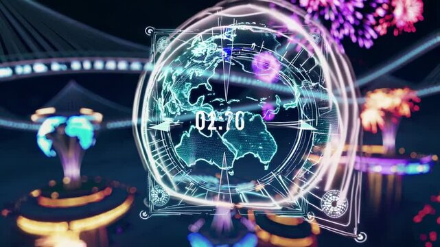 Digital countdown timer displaying global fireworks, highlighting technological progress and celebratory moment with vibrant world map interface