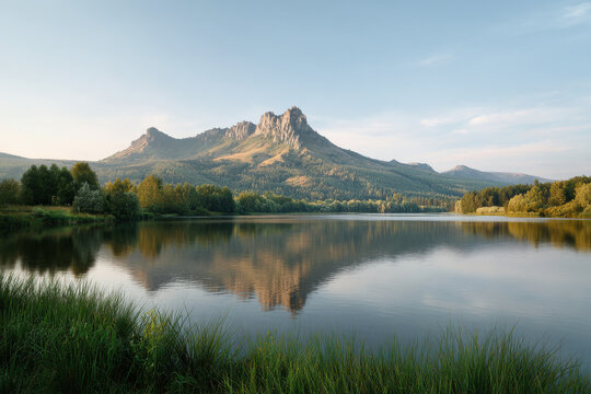 majestic ural mountains reflecting in serene lake surrounded by lush greenery and clear skies