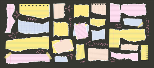 Set of torn edges legal yellow pad papers. Tear school sheet pieces. Office notebook uneven texture stickers badges. Blanks for messages and memo. Vector hand drawn colorful illustration isolated. © Syuzann q