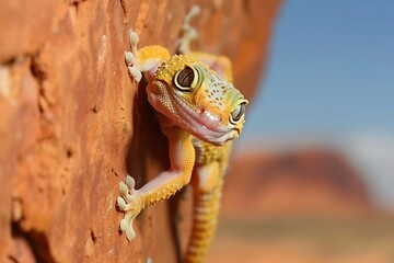 Yellow Gecko Climbing on Red Rock Formation in Desert