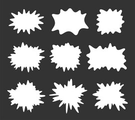 Set of retro groovy hand drawn wavy smooth monochrome white paint spot, blot, splash, explosion. Isolated on black background frame, sticker, text box for inscription sale, new. Flat vector EPS10