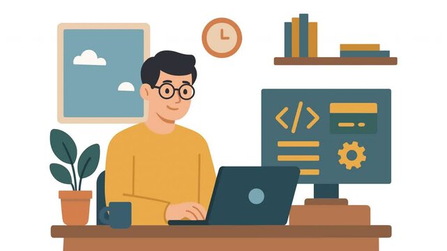  a person with glasses using a laptop at a desk with computer screen and other objects looping animation