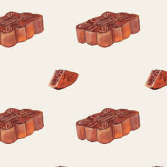 Mooncakes watercolor seamless pattern. Simple artistic traditional wallpaper for Mid Autumn festival. Decorative hand drawn signature dessert for celebration. Asian cuisine heritage tradition. 