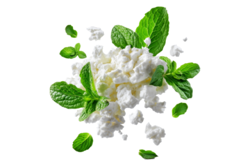 Fresh cottage cheese with green mint leaves, isolated on white transparent background, concept of healthy food and freshness