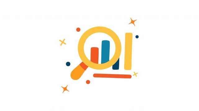 Magnifier examines colorful bar chart with pluses dots stars scattered around looping animation