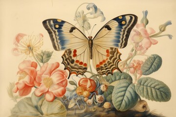 Illustration of Jan Van Kessel butterfly and flower painting art pattern.