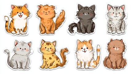 Fototapeta premium flat cartoon kawaii cats in different poses. Collection of Cat faces, heads, icons, emoji. Kitten in full growth. Vector