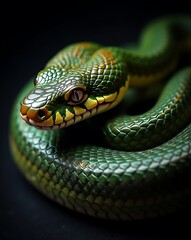 Fototapeta premium Photorealistic Close-Up of a Coiled Snake with Glossy Scales and Intense Eyes Under Dramatic Lighting on a Black Background