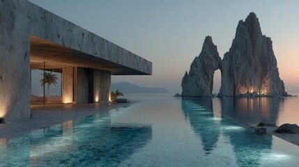 striking juxtaposition of brutalist seaside architecture and raw coastal landscape, dark concrete cantilevered terrace over a glassy infinity pool, ripple patterns, towering coral-white rock formation