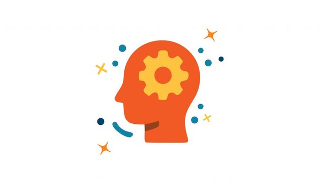 Orange head profile with yellow gear inside surrounded by teal dots pluses and stars on a white background looping animation