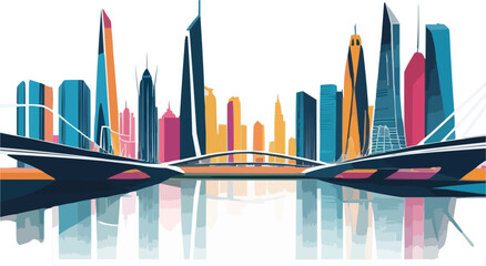 Obraz premium Colorful Cityscape Illustration with Bridge and Water Reflection Modern Urban Skyline