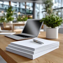 Modern workspace with laptop, papers, and plants