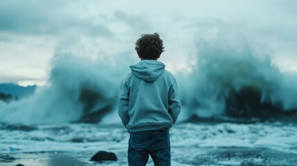 Obraz premium A contemplative child stands facing massive ocean waves, embodying the awe and nature's wonders, emphasizing human curiosity and the power of the sea in its mighty form.