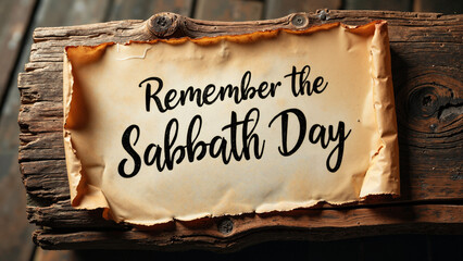 Elegant Handwritten 'Remember the Sabbath Day' Quote on Aged Parchment for Religious and Spiritual Use