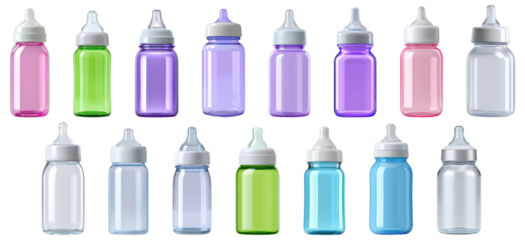 Set of colorful baby feeding bottles