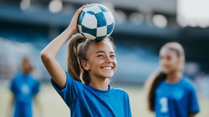 Joyful hispanic teen girl balances soccer ball at youth soccer game - Powered by Adobe