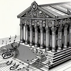 Bold outlines of architectural structures that
